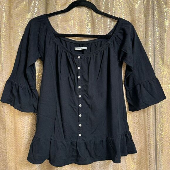 Abercrombie & Fitch Black Low Shoulder Bell Sleeve Button Down Top Small - Picture 1 of 5